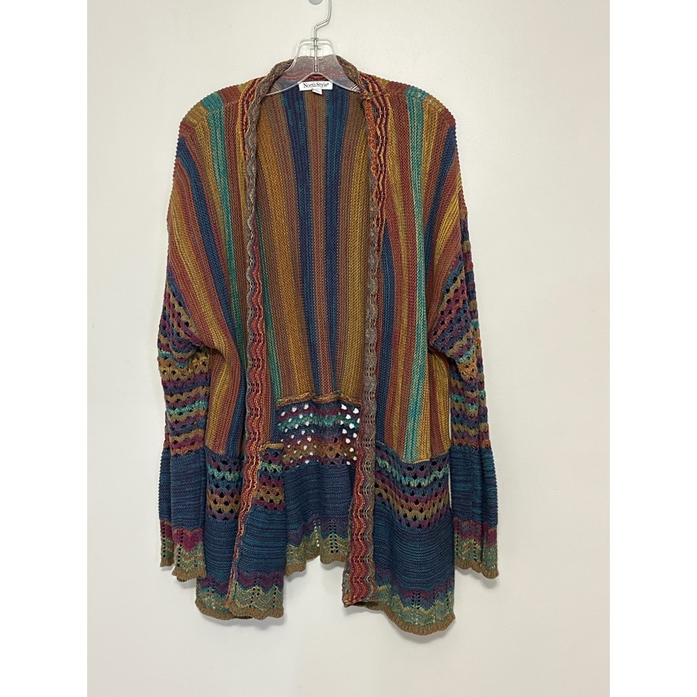 North Style Striped Crochet Open Front Cardigan Womens XL Boho Hippie Lagenlook